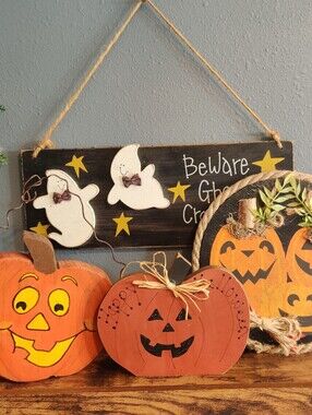 Halloween Bundle Decor Wall Wood Sign Pumpkin Figurine Ghost Set Orange Black